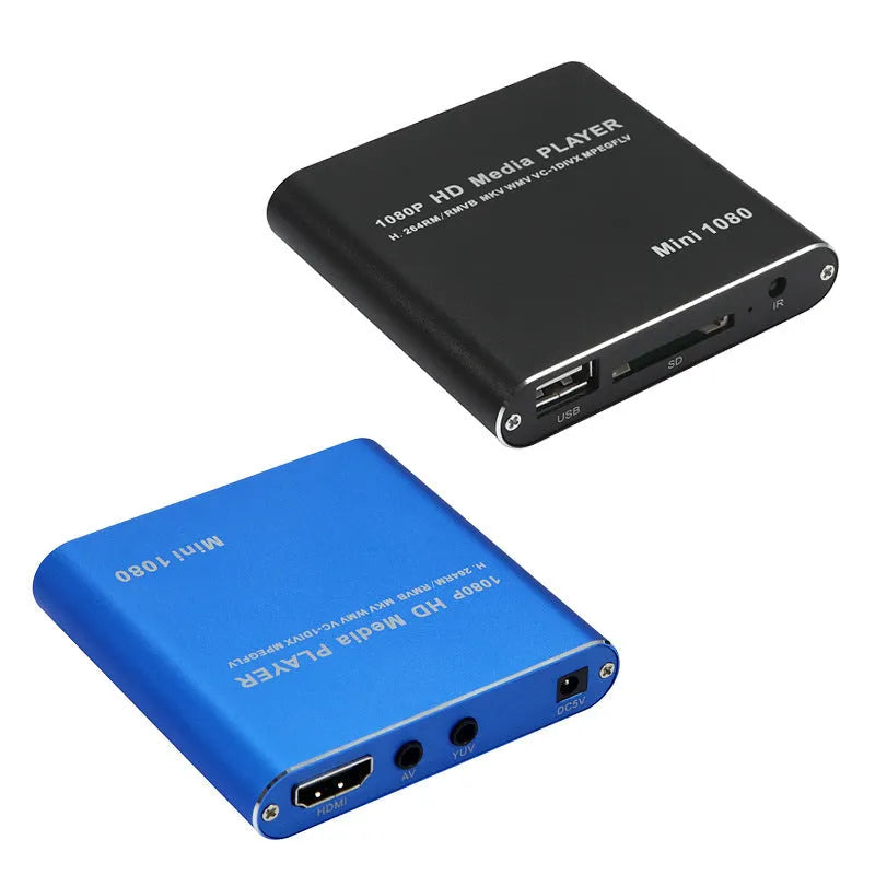 Blue and black 1080p Full HD media player with HDMI port for SD card and USB playback