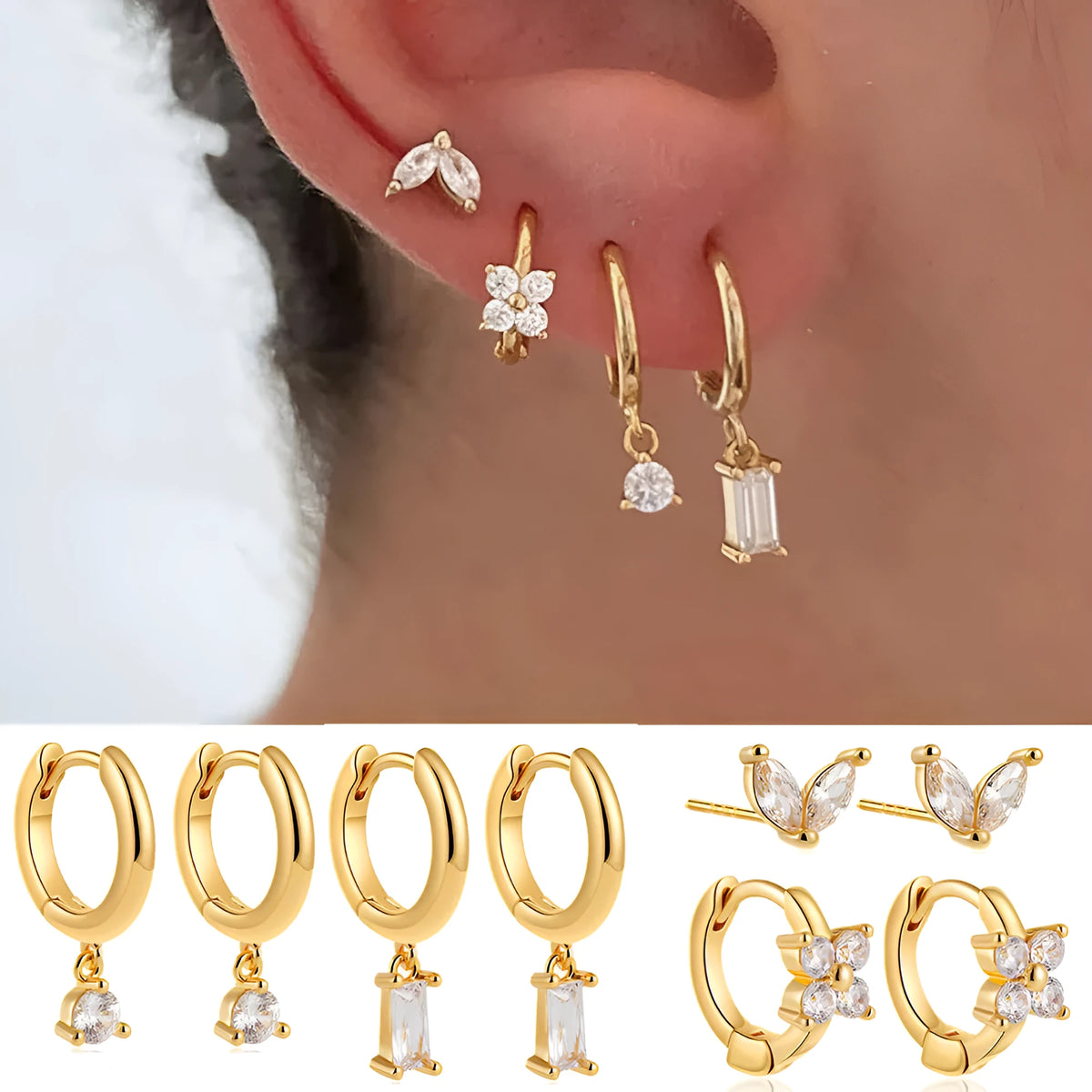 Geometric square copper earrings with zircon detailing in gold or silver four-piece sets for women