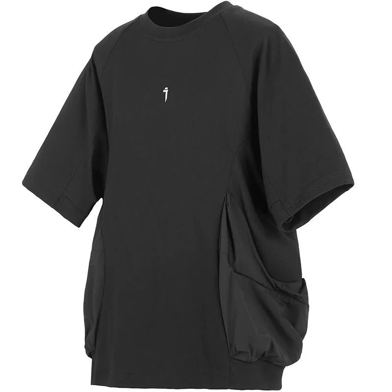 Men's loose cotton t-shirt with two large front pockets in black colour