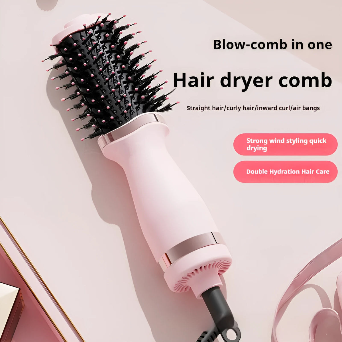 Pink multifunctional hair dryer with attached styling comb for drying and curling hair