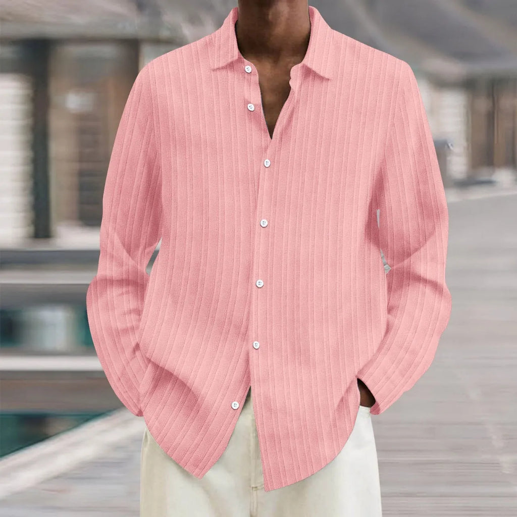 British-style loose fit men's striped long sleeve cardigan shirt on a hanger.