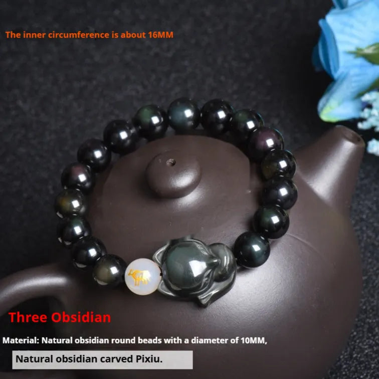 Natural obsidian zodiac guardian bracelet with 10mm gemstone beads in three colour variations