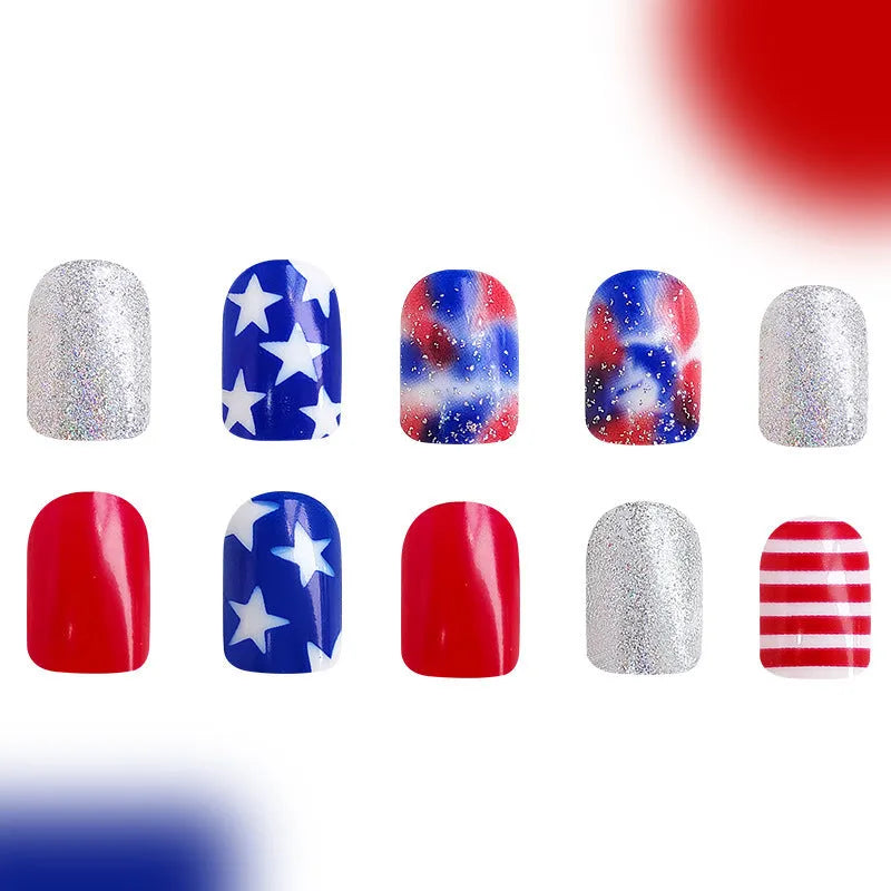 Independence Day press-on nails with American five-pointed star patterns in patriotic colours