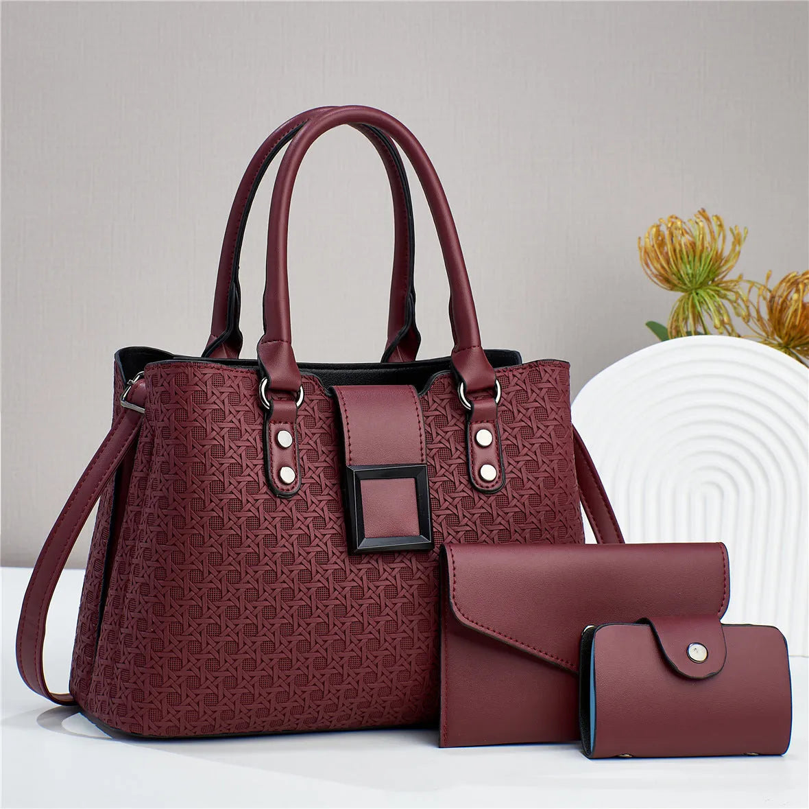 Textured large capacity women's crossbody bag set in multiple colours showing internal compartments