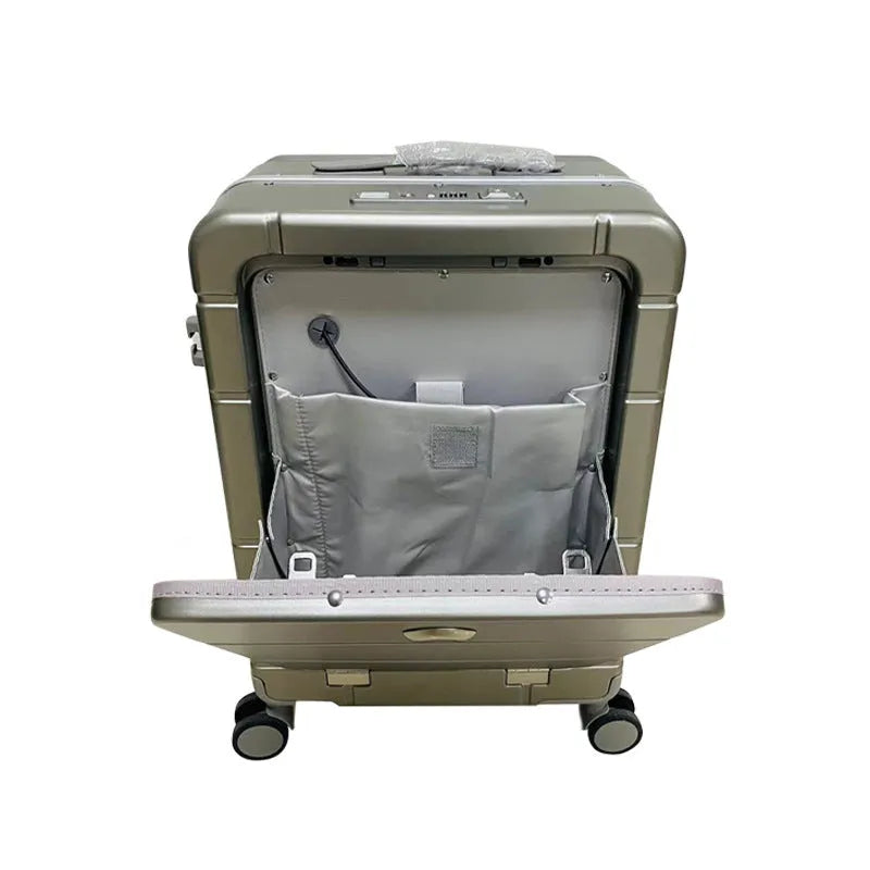 Front opening 20-inch suitcase showing dry wet separation compartments and universal wheels