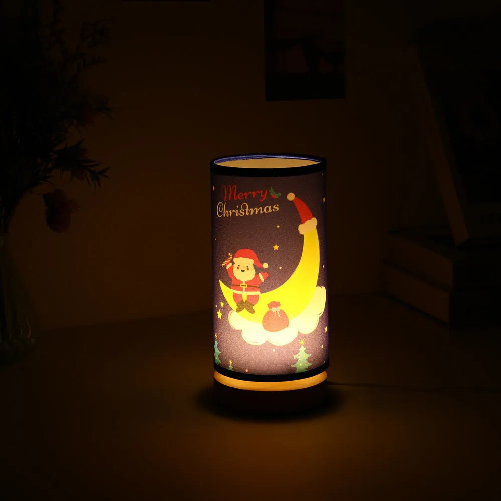 Moon-shaped Santa Claus LED night light with a bamboo base and a white USB plug.