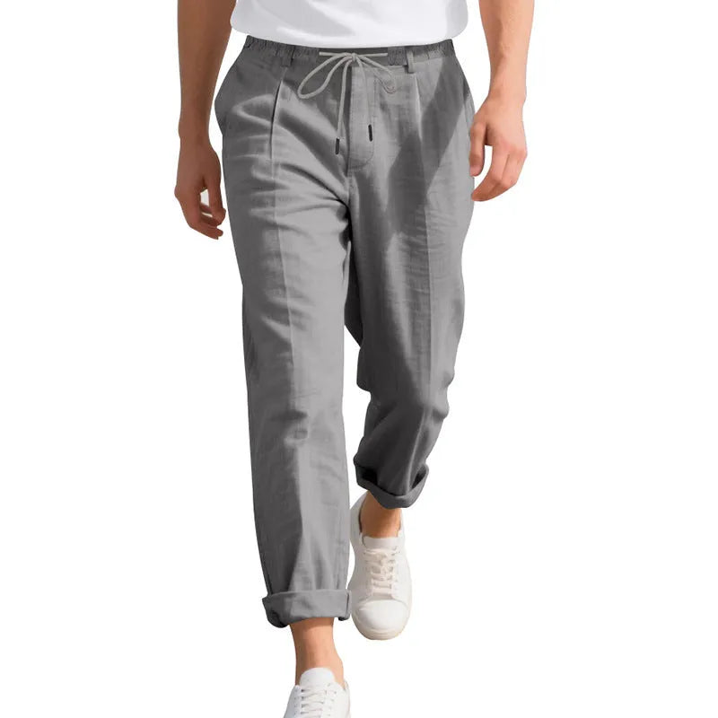 Men's straight-leg linen trousers in army green with drawstring waistband