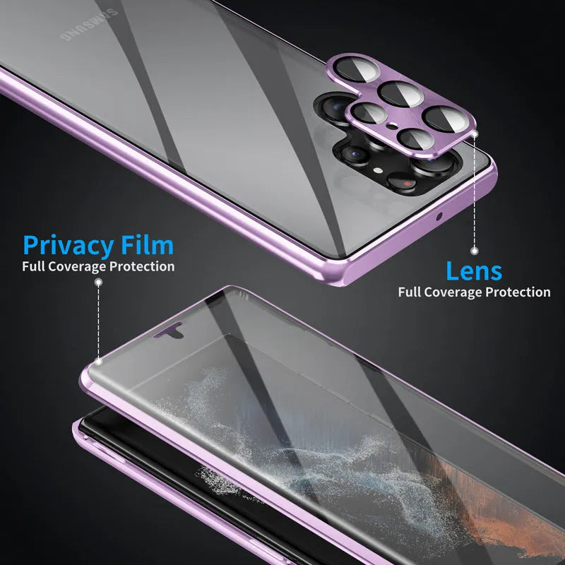 Magnetic mirror phone case for Samsung Galaxy S24 Ultra in seven colour options showing peep-proof design.