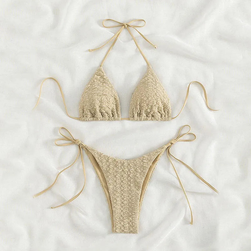 Women's high waist bikini swimsuit with side lace-up shorts, shown in khaki colour.