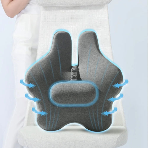 Car cushion with adjustable memory foam waist support in black, grey and pink colour options
