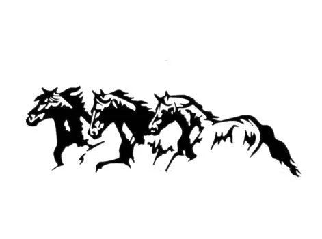 Three Horses car decal sticker with steed design in black, white, red, or blue, showing 25x8cm size.