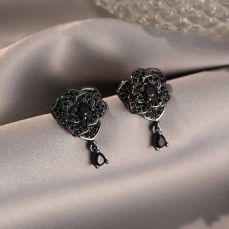 Black rose zircon stud earrings with flower design and 18K gold colour electroplated finish