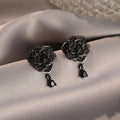 Black rose zircon stud earrings with flower design and 18K gold colour electroplated finish
