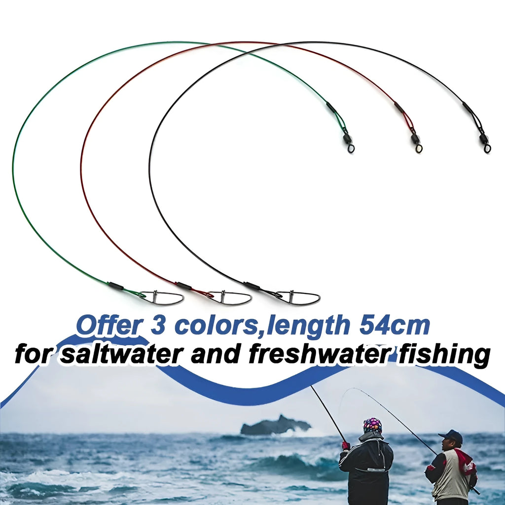Ten green steel wire double buckle fishing leader pins laid out, each 54 cm long.