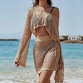 Women's khaki bell sleeve sun protection clothing suit with hollow-out design showing top and skirt components
