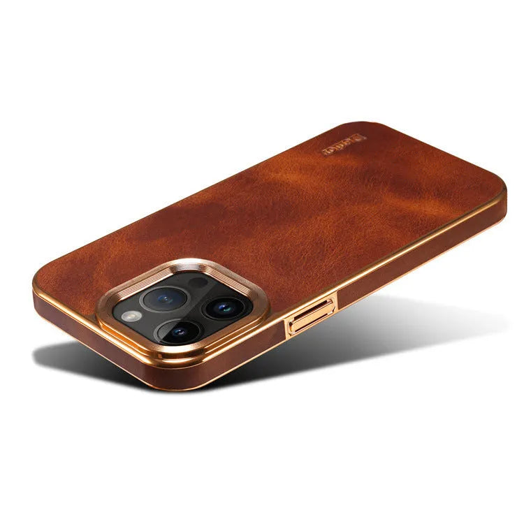 Handmade brown genuine leather iPhone case showing textured surface and slim profile on an iPhone 15 Pro.