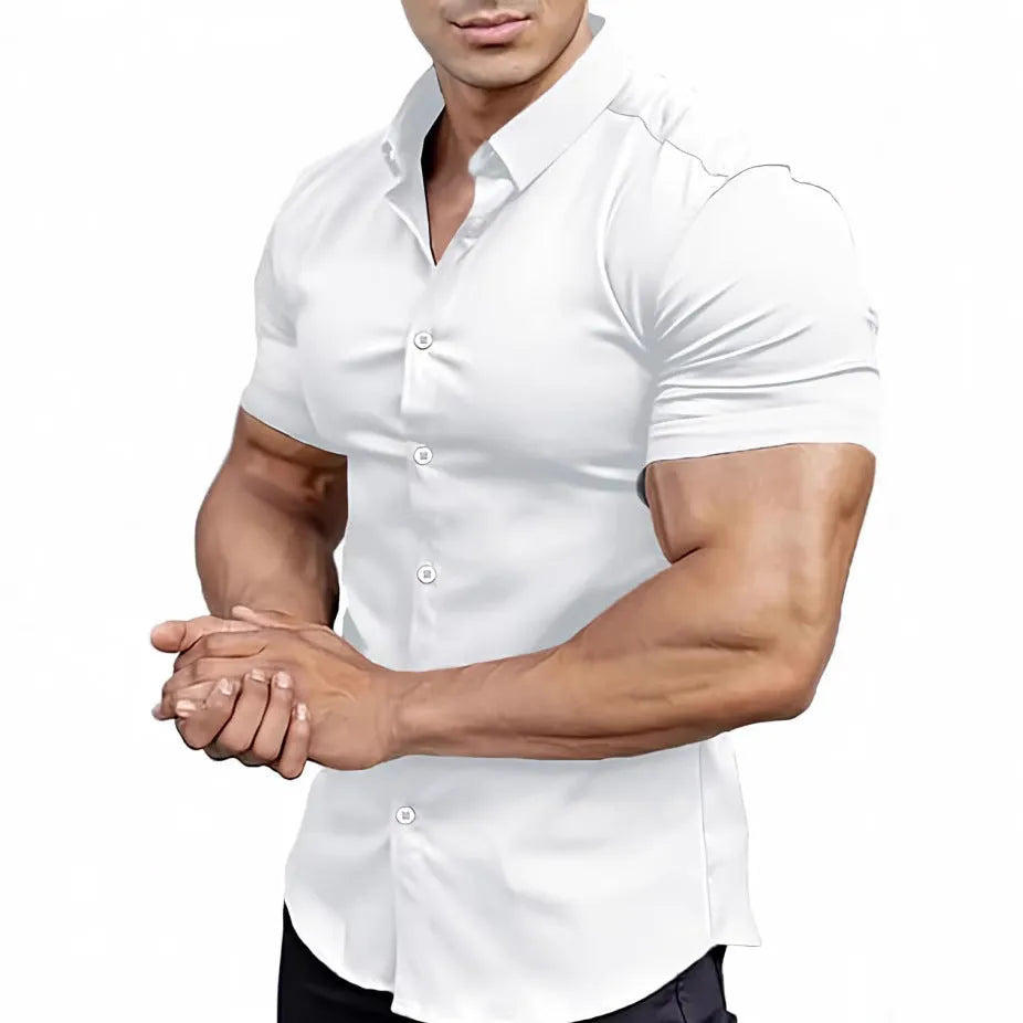Men's brown short sleeve printed shirt with shirt collar in casual cardigan style.