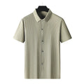 Man wearing a black plus-size striped square collar casual shirt with short sleeves.