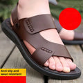 Men's brown waterproof plastic slip-on sandals on a grey background.