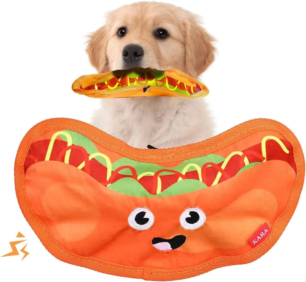 A set of four colourful crinkle and squeak dog toys shaped like a burger, fries, a hot dog, and a pizza.