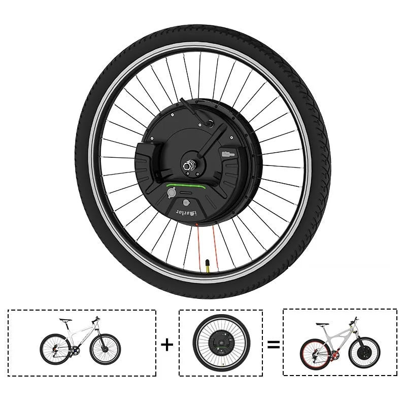 Yunzhilun electric bicycle conversion kit showing alloy hub motor wheel, lithium battery, and charger for 26-inch bikes