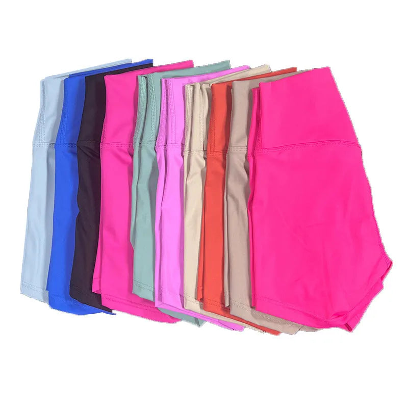 Ladies high-waist yoga shorts in moisture-wicking nylon fabric, shown in various colours