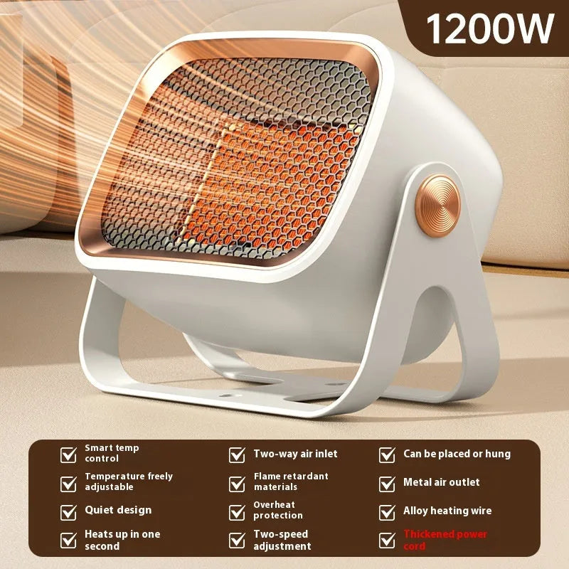 White PTC ceramic desktop electric heater with rotatable base and push-button controls