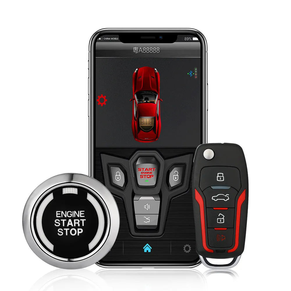 Red and black one-way remote control car alarm system with two remotes displayed.