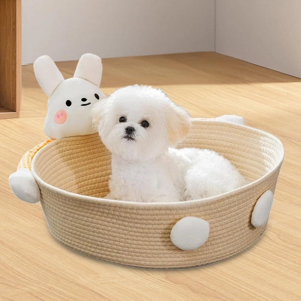 Woven cotton rope cat bed with integrated scratch board in bear design, showing basket shape with pet toy storage
