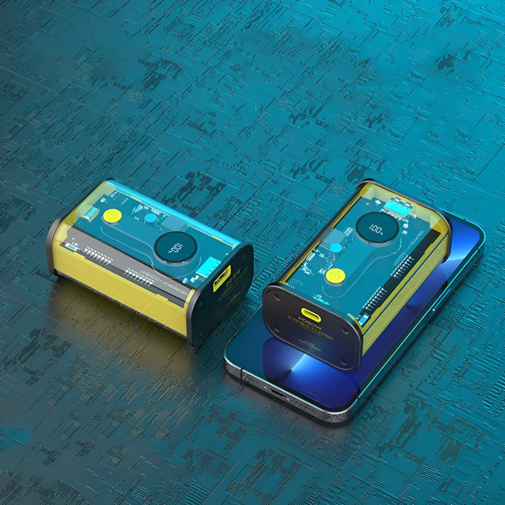 Transparent yellow industrial power bank showing internal cylindrical 18650 battery cell and multi-USB ports