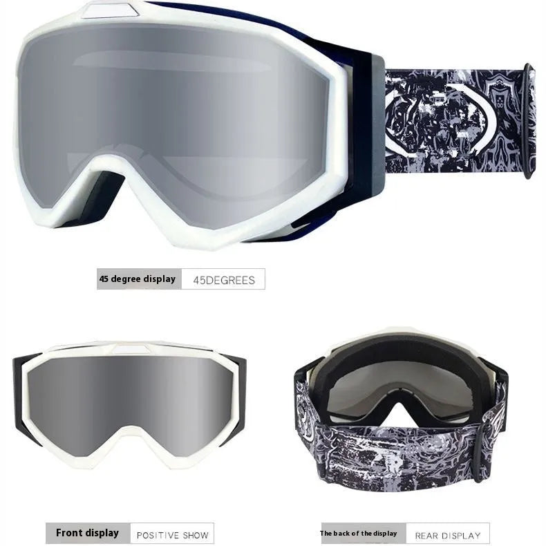 Motorcycle goggles with double-layer anti-fog lenses in a selection of frame and lens colour combinations.