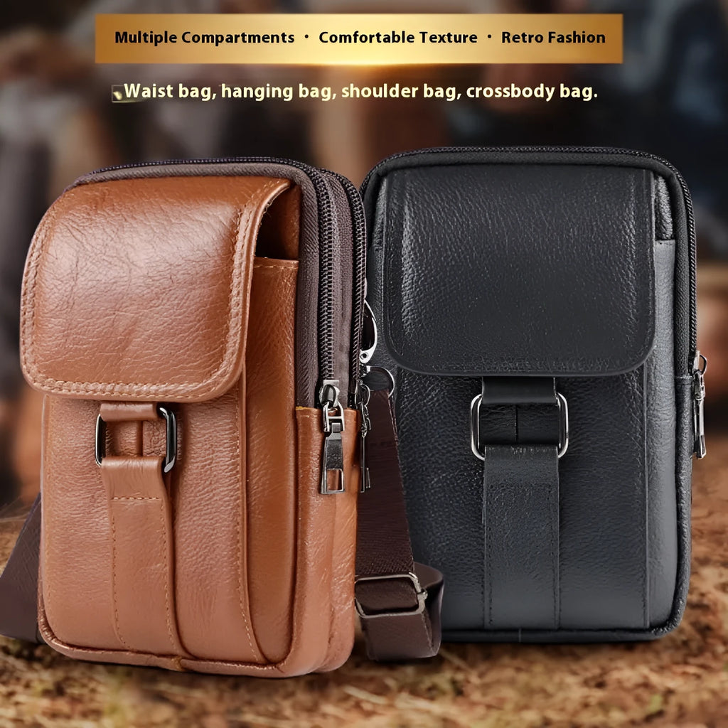 Men's black genuine leather crossbody waist bag showing lock closure and vertical square design