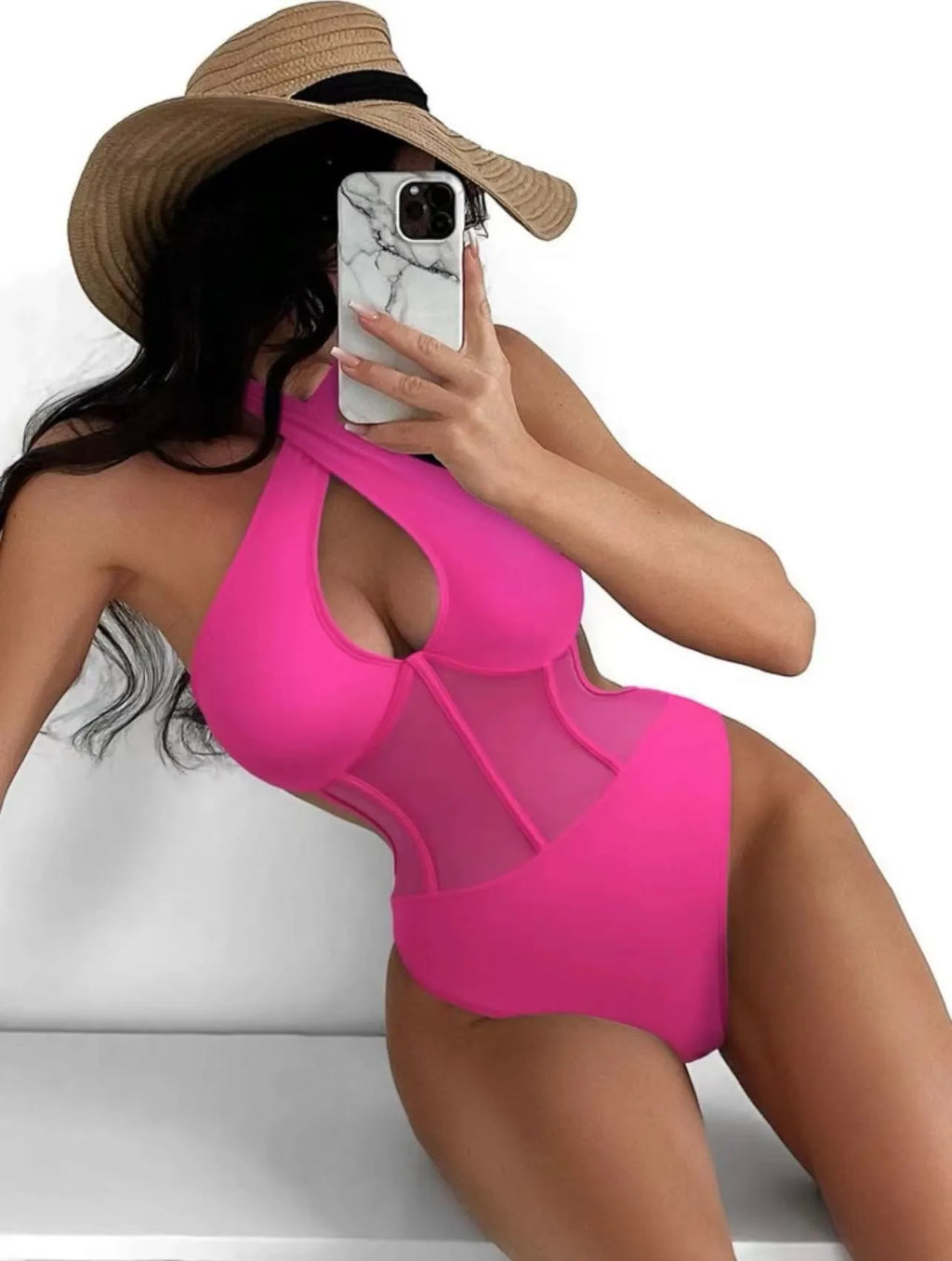 Ladies one-piece swimsuit bikini in nylon spandex blend showing black, rose red, and green colour options
