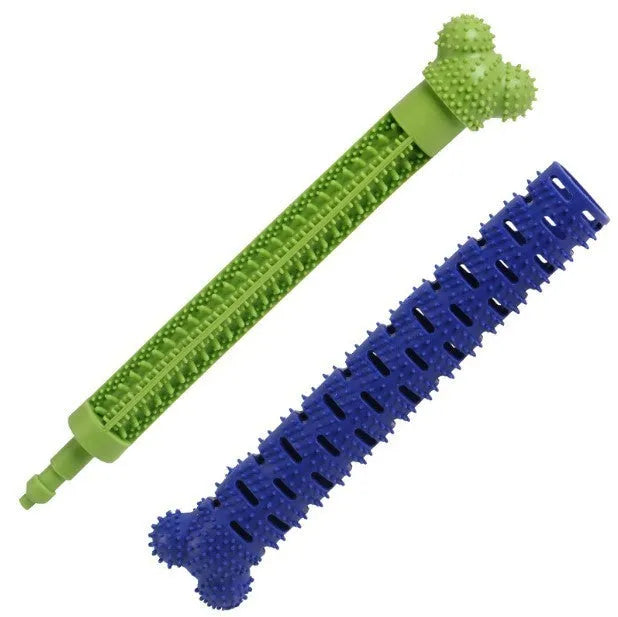 Blue green dog dental cleaning stick toy with serrated brush head and massage nodules