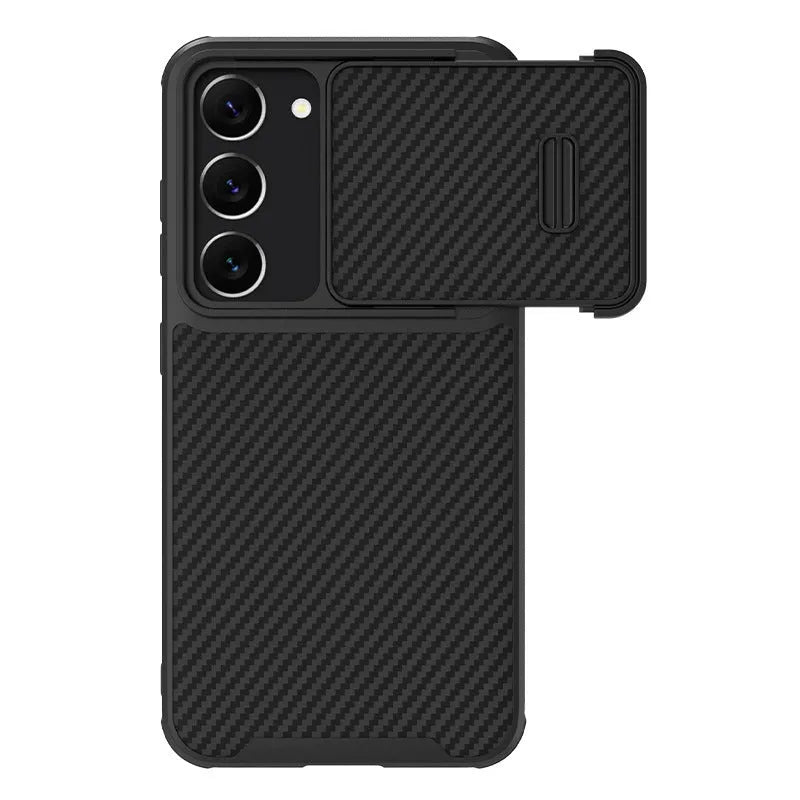 Black Samsung S23 Ultra phone case with lens push cover showing TPU, PC, and carbon fibre construction
