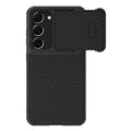 Black Samsung S23 Ultra phone case with lens push cover showing TPU, PC, and carbon fibre construction