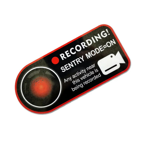 Pair of black and white electrostatic warning stickers for Tesla sentry mode, sized 11cm by 5cm.