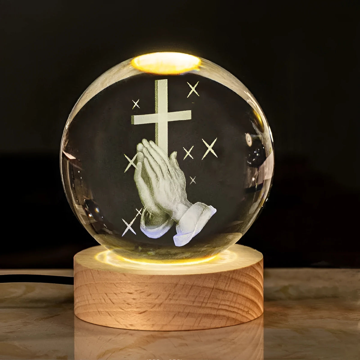 White crystal ball desk ornament on solid wood base with inner paper purity scenes