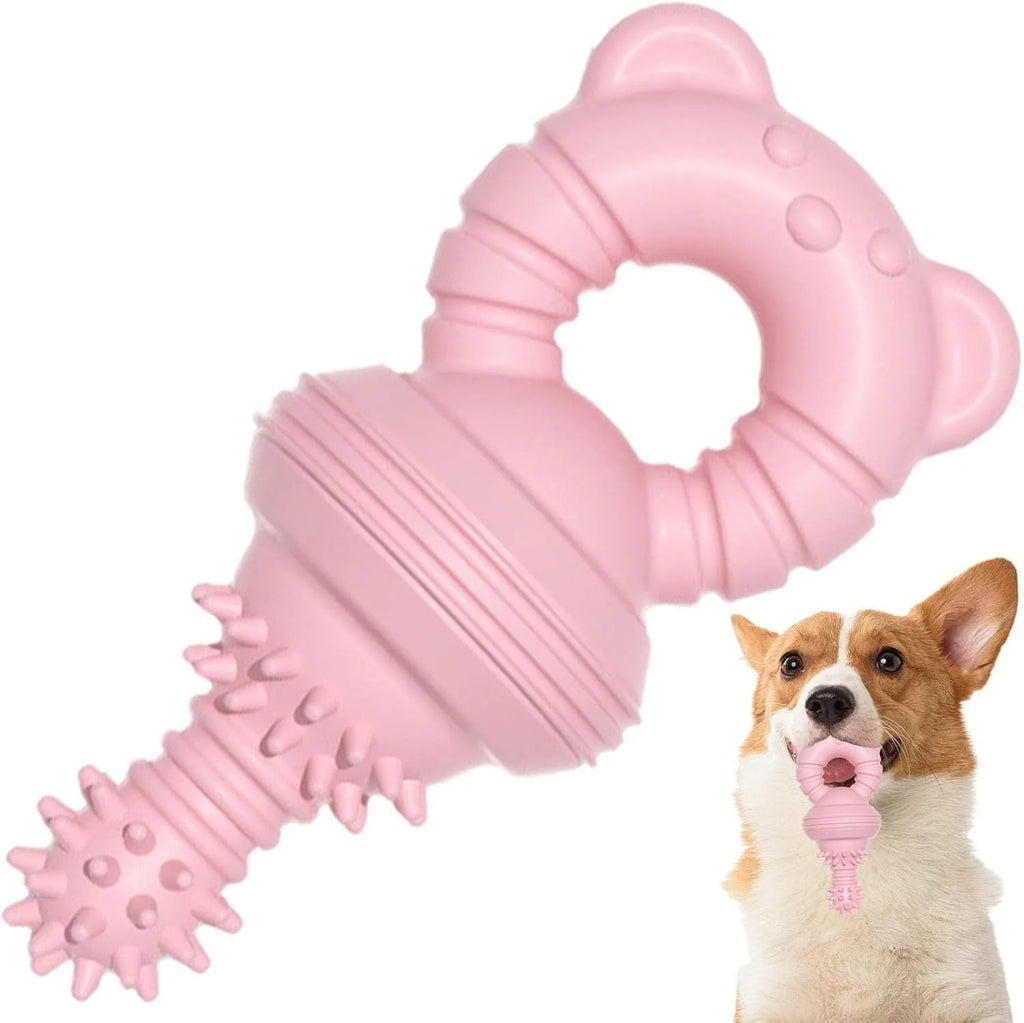 Blue rubber molar-shaped dog chew toy with textured surface and bell inside, for large breeds.