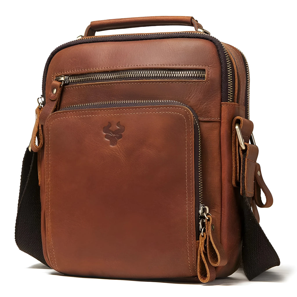 Men's brown leather crossbody bag with single-shoulder strap and retro styling details