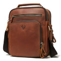 Men's brown leather crossbody bag with single-shoulder strap and retro styling details