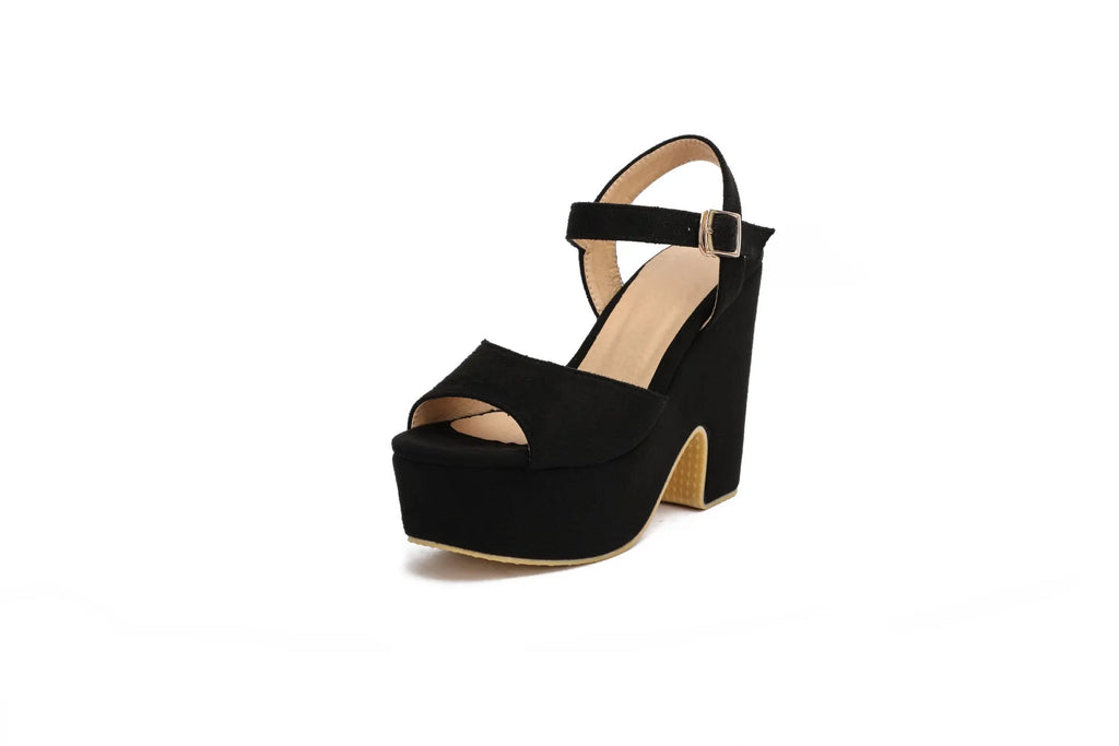 Women's black suede platform sandals with ankle-strap and chunky sole