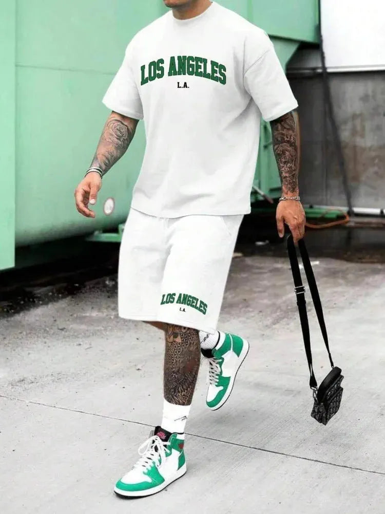 Men's short sleeve top and shorts set with 3D printed letter design in a sports leisure style.