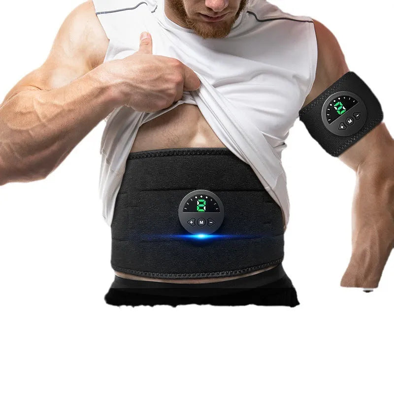 Black fitness belt with LCD display screen for waist and abdominal compression during exercise