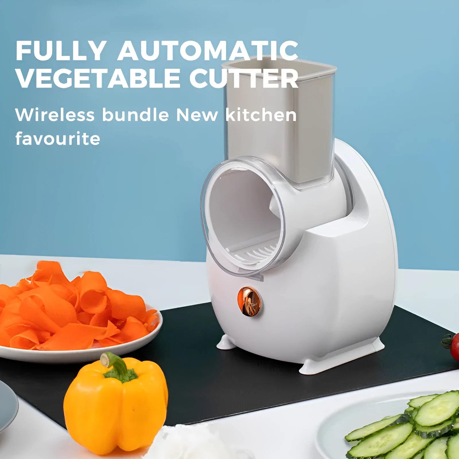 White electric vegetable slicer with three blade pairs and strong suction base for kitchen use