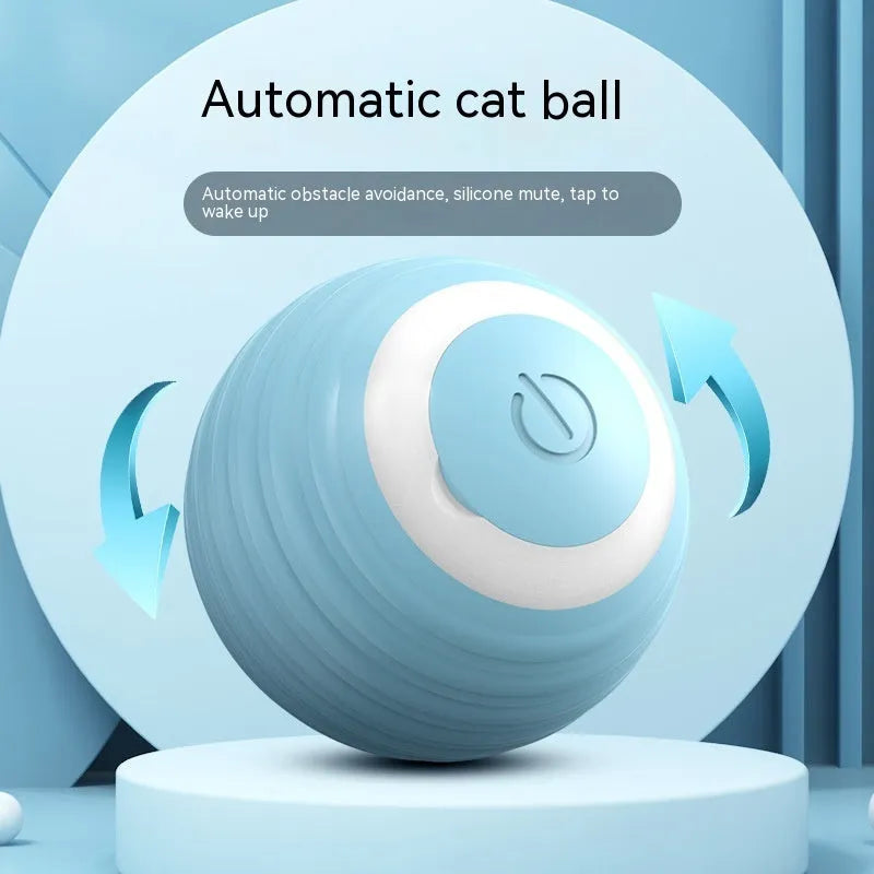 Blue automatic moving cat toy ball with USB charging cable on wooden floor
