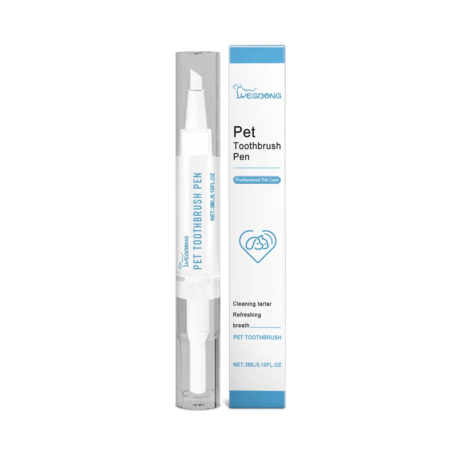 Pet dental care brush kit showing 12.5cm long applicator brush and 3ml dental gel tube for dog and cat teeth cleaning