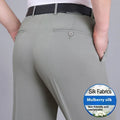 Men's straight-leg business trousers in mulberry silk blend with high waist and non-iron fabric