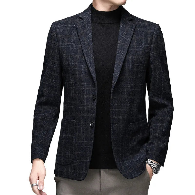 Men's thick solid colour casual winter blazer jacket on a hanger