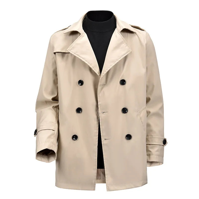 Men's mid-length double-breasted jacket in khaki, apricot or black, loose polyester casual coat, 50cm length